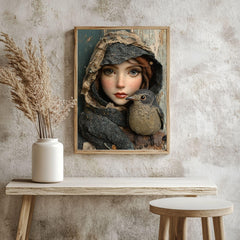 Woodland Girl Bird Framed Canvas Art, Whimsical Rustic Portrait Winter Nature Decor