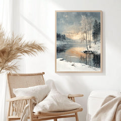Winter Sunset Lake Framed Canvas Art, Serene Snow Landscape Nature Wall Decor