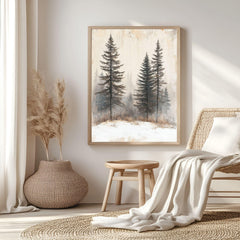 Foggy Pine Forest Framed Canvas Art, Minimal Winter Trees Woodland Wall Decor