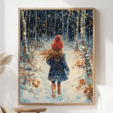Snowy Forest Girl Framed Canvas Art, Cozy Winter Scene Whimsical Nature Decor