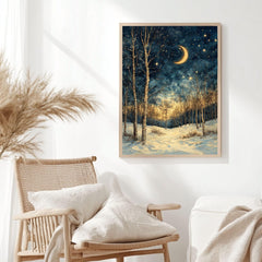 Crescent Moon Birch Canvas Art, Starry Winter Night Woodland Landscape Decor, Forest Framed Painting