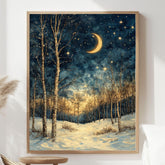 Crescent Moon Birch Canvas Art, Starry Winter Night Woodland Landscape Decor, Forest Framed Painting