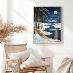 River Path Framed Canvas Art, Snowy Water Landscape Night Woodland Decor, Moonlit Painting