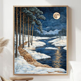 River Path Framed Canvas Art, Snowy Water Landscape Night Woodland Decor, Moonlit Painting