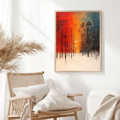 Forest Framed Canvas Art, Bold Winter Trees Modern Landscape Decor, Abstract Warm Painting