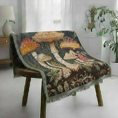Mushroom Woven Blanket, Woodland Fungi Throw, Rustic Tapestry Wall Hanging, Cozy Sofa Blanket Gift, Forest Botanical Decor Accent