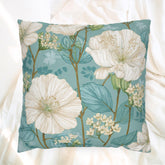 White Floral Pillow, Teal Botanical Cushion, Minimalist Garden Throw Pillow, Delicate Bloom Decor, Light Spring Nature Accent