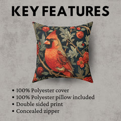 William Morris The Red Cardinal Bird Pillow, Vintage Throw Pillow, Home Decor, Forestcore, Floral Botanical, Pillow, Cushion, Housewarming