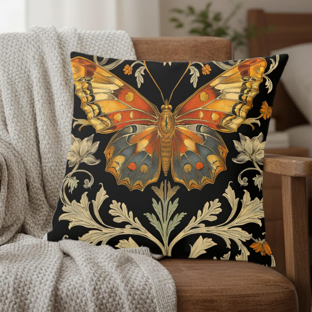 Vintage Monarch Butterfly Pillow, Golden Floral Cushion, William Morris Inspired Throw Pillow, Nature Decor Accent, Garden Room Pillowcase
