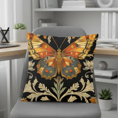 Vintage Monarch Butterfly Pillow, Golden Floral Cushion, William Morris Inspired Throw Pillow, Nature Decor Accent, Garden Room Pillowcase