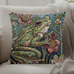 Whimsical Frog Pillow, Botanical Garden Cushion, Forest Nature Inspired Throw Pillow, William Morris Frog Pillowcase, Animal Couch Accent