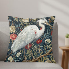 White Egret Floral Pillow, William Morris Bird Cushion, Vintage Botanical Throw Pillow, Nature Home Accent, Elegant Garden Pillowcase Gift