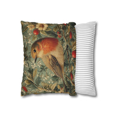 Vintage Robin Floral Pillow Cover, Victorian Bird Art Cushion, Cottagecore Home Decor, Rustic Botanical Throw Pillow, Nature Inspired Accent