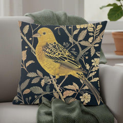 Golden Finch Pillow, William Morris Inspired Floral Cushion, Vintage Bird Throw Pillow, Elegant Nature Couch Accent, Botanical Pillowcase