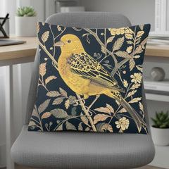 Golden Finch Pillow, William Morris Inspired Floral Cushion, Vintage Bird Throw Pillow, Elegant Nature Couch Accent, Botanical Pillowcase