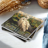 White Egret Pond Coaster Set of 4, Nature-Inspired Bird Art Coasters, Water Lily Marsh Ceramic Drink Coaster Set
