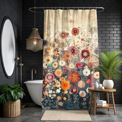 Batik Floral Shower Curtain, Vibrant Botanical Bathroom Decor, Vintage Inspired Floral Display, Colorful Garden Bath Panel