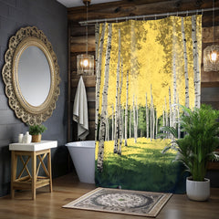 Aspen Forest Shower Curtain, Nature Bathroom Decor, Golden Woodland Landscape Display, Bright Forest Bath Panel,