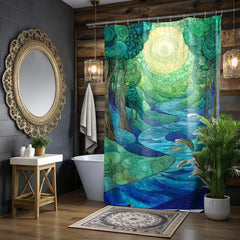 Enchanted River Shower Curtain, Blue Forest Bathroom Decor, Mystical Woodland Display, Artistic Nature Inspired Bath Panel
