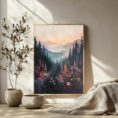 Moody Mountain Wall Art, Misty Forest Valley Canvas, Wildflower Landscape Print, Nature Wall Decor, Elegant Home Accent