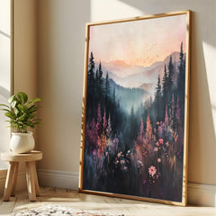 Moody Mountain Wall Art, Misty Forest Valley Canvas, Wildflower Landscape Print, Nature Wall Decor, Elegant Home Accent