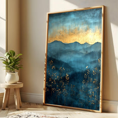 Moody Mountain Wall Art, Blue Mist Valley Canvas, Golden Horizon Landscape Print, Nature Wall Decor, Elegant Home Accent