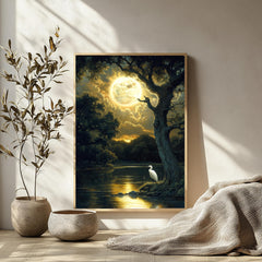 Mystical Moonlit Wall Art, Golden Full Moon River Canvas, White Heron Night Landscape Print, Nature Wall Decor, Serene Home Accent