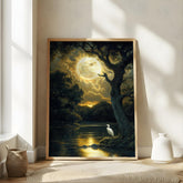 Mystical Moonlit Wall Art, Golden Full Moon River Canvas, White Heron Night Landscape Print, Nature Wall Decor, Serene Home Accent