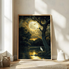 Mystical Moonlit Wall Art, Golden Full Moon River Canvas, White Heron Night Landscape Print, Nature Wall Decor, Serene Home Accent