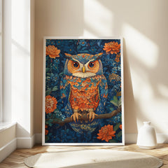 Colorful Owl Wall Art, Botanical Night Bird Canvas, Floral Woodland Illustration Print, Nature Wall Decor, Whimsical Home Accent