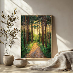 Sunlit Forest Wall Art, Woodland Path Canvas, Golden Tree Landscape Print, Nature Wall Decor, Serene Home Accent