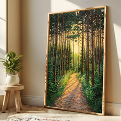 Sunlit Forest Wall Art, Woodland Path Canvas, Golden Tree Landscape Print, Nature Wall Decor, Serene Home Accent