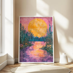 Golden Moon Landscape Wall Art, Colorful Forest River Canvas, Vibrant Sunset Nature Print, Scenic Wall Decor, Tranquil Home Accent