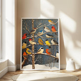 Winter Birds Wall Art, Colorful Songbirds Snowy Branches Canvas, Woodland Wildlife Illustration Print, Nature Wall Decor, Cozy Home Accent
