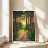 Sunlit Forest Wall Art, Woodland Path Canvas, Golden Tree Landscape Print, Nature Wall Decor, Serene Home Accent