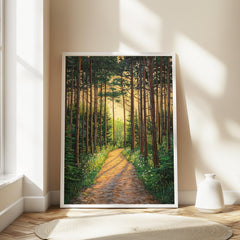 Sunlit Forest Wall Art, Woodland Path Canvas, Golden Tree Landscape Print, Nature Wall Decor, Serene Home Accent