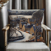 Snowy Stone Cottage Village Throw Pillow, Cozy Winter Countryside Cushion, Rustic Hillside Homes Pattern, Storybook Winter Accent Pillow