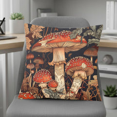 Red Mushroom Forest Pillow, William Morris Botanical Cushion, Whimsical Nature Throw Pillow, Woodland Home Accent, Autumn Pillowcase Gift