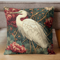 White Egret Peony Pillow, Vintage Botanical Cushion, Art Nouveau Bird Throw Pillow, Floral Pillowcase, Elegant Nature Couch Accent