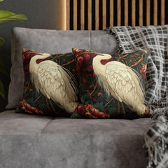 White Egret Peony Pillow, Vintage Botanical Cushion, Art Nouveau Bird Throw Pillow, Floral Pillowcase, Elegant Nature Couch Accent