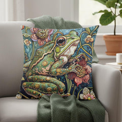 Whimsical Frog Pillow, Botanical Garden Cushion, Forest Nature Inspired Throw Pillow, William Morris Frog Pillowcase, Animal Couch Accent