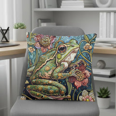 Whimsical Frog Pillow, Botanical Garden Cushion, Forest Nature Inspired Throw Pillow, William Morris Frog Pillowcase, Animal Couch Accent