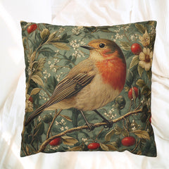Vintage Robin Floral Pillow Cover, Victorian Bird Art Cushion, Cottagecore Home Decor, Rustic Botanical Throw Pillow, Nature Inspired Accent