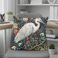 White Egret Floral Pillow, William Morris Bird Cushion, Vintage Botanical Throw Pillow, Nature Home Accent, Elegant Garden Pillowcase Gift