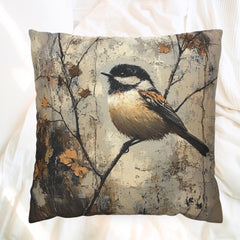 Rustic Chickadee Accent Pillow, Vintage Autumn Bird Decor, Nature Inspired Cushion Cover, Cozy Woodland Throw Pillow, Farmhouse Home Accent