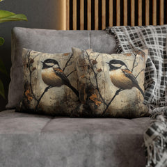 Rustic Chickadee Accent Pillow, Vintage Autumn Bird Decor, Nature Inspired Cushion Cover, Cozy Woodland Throw Pillow, Farmhouse Home Accent