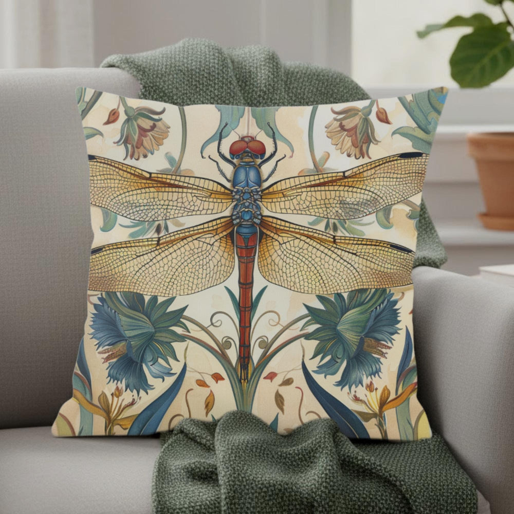 Dragonfly Pillow, Art Nouveau Botanical Cushion, William Morris Inspired Throw Pillow, Elegant Garden Couch Accent, Golden Insect Pillowcase