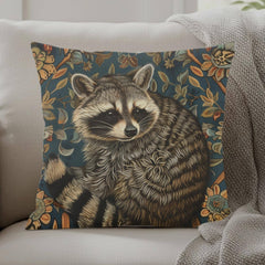 Raccoon Pillow, Woodland Botanical Cushion, William Morris Inspired Throw Pillow, Forest Nature Couch Accent, Vintage Raccoon Pillowcase