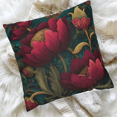 Deep Pink Floral Pillow, Dark Green Botanical Cushion, Vintage Tapestry Throw Pillow, Elegant Bloom Decor, Garden-Inspired Accent