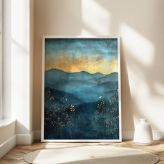 Moody Mountain Wall Art, Blue Mist Valley Canvas, Golden Horizon Landscape Print, Nature Wall Decor, Elegant Home Accent